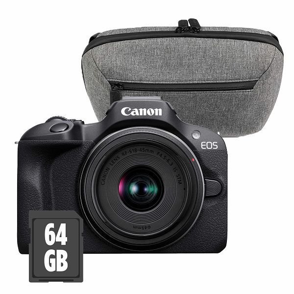 Pack Appareil photo hybride Canon EOS R100 Noir + RF-S 18-45mm f/4.5-6.3 IS STM + Sac photo + Carte mémoire 64 GO